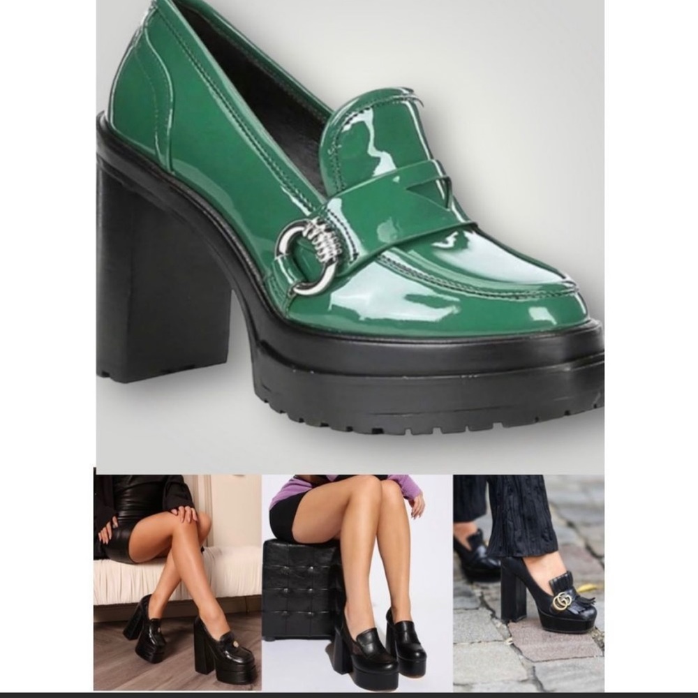 Gianni Bini MAXXWELLE Green Patent Platform Block Heel Loafer w/ornament